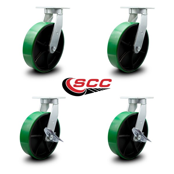 10 Inch Heavy Duty Green Poly on Cast Iron Wheel Swivel Caster Set with 2 Brakes